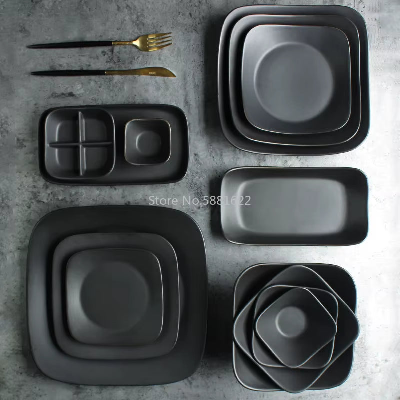 Japanese Black Ceramic Western Food Salad Plate Ramen Bowl European Style Steak Sushi Plate Home Rice Bowl Multi-Size Tableware